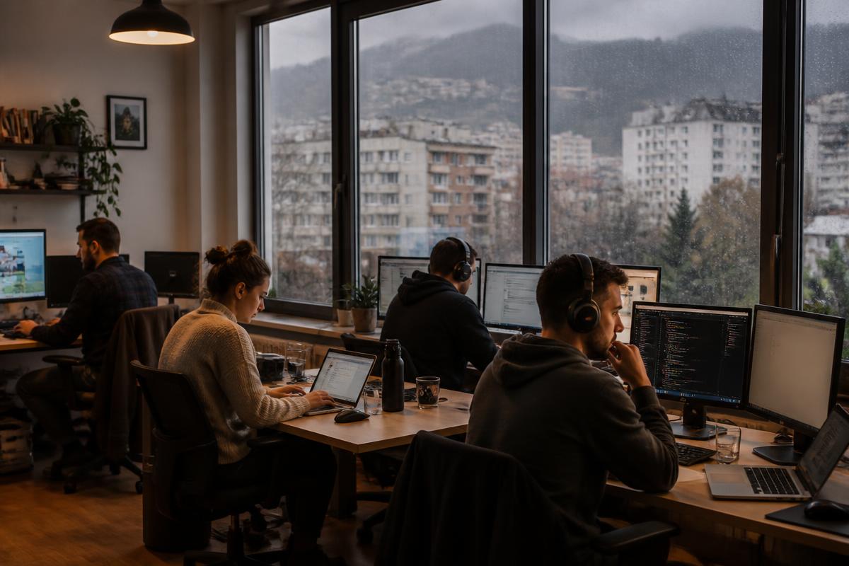 Delivery team working steadily in a Balkan city office on a rainy day