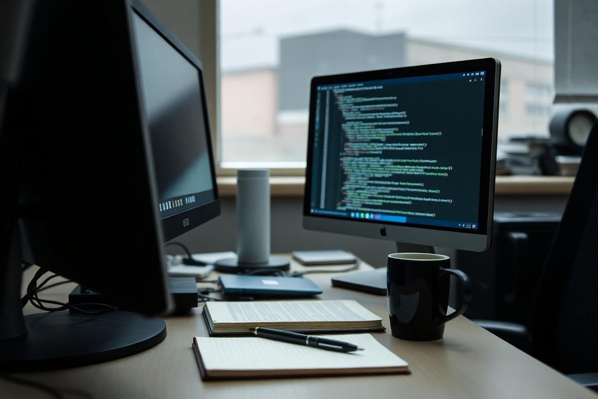 Developer workstation with code on screen and working notes